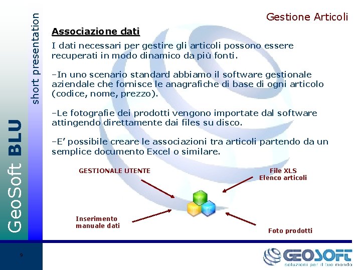 short presentation Geo. Soft BLU 9 Gestione Articoli Associazione dati I dati necessari per
