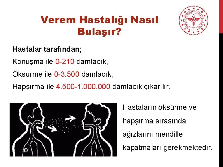 Verem Hastalığı Nasıl Bulaşır? Hastalar tarafından; Konuşma ile 0 -210 damlacık, Öksürme ile 0