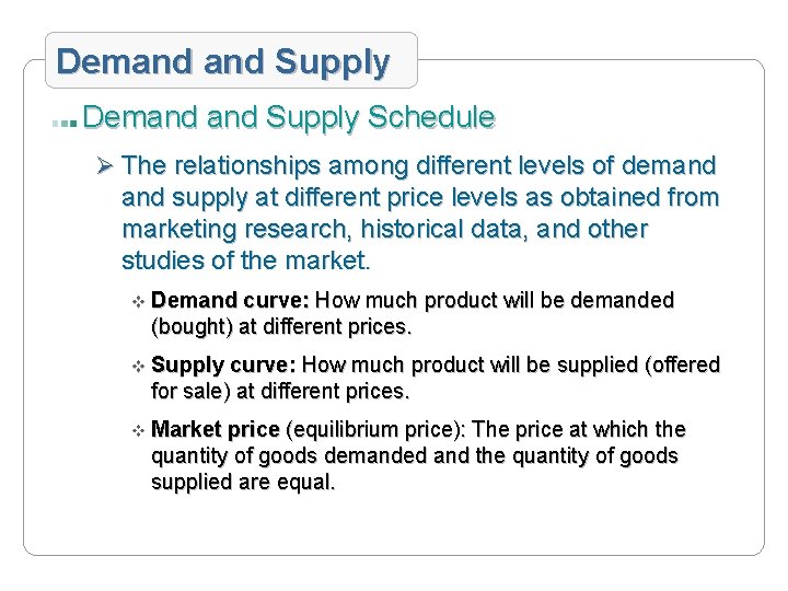 Demand and Supply Schedule Ø The relationships among different levels of demand supply at