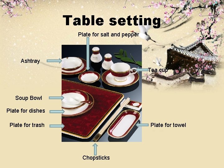 Table setting Plate for salt and pepper Ashtray Tea cup Soup Bowl Plate for