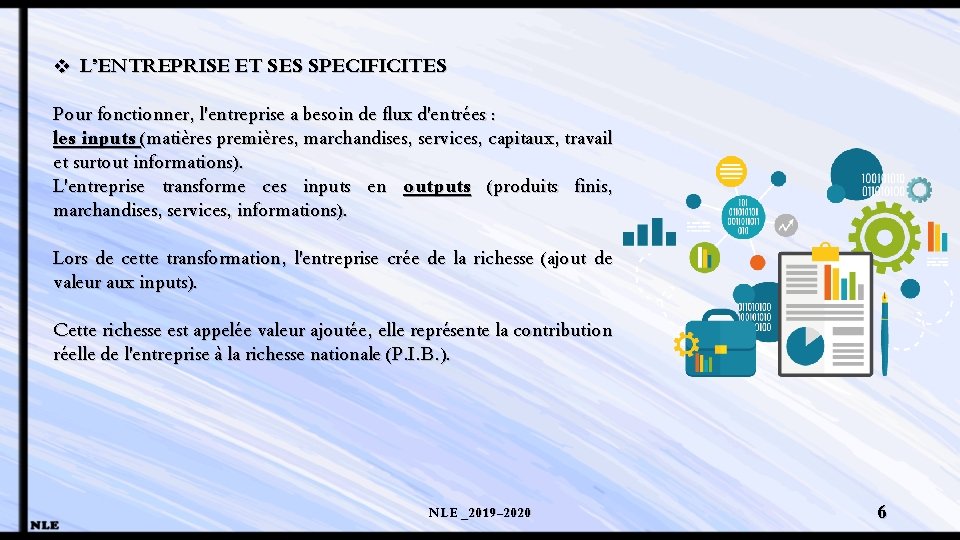 v L’ENTREPRISE ET SES SPECIFICITES Pour fonctionner, l'entreprise a besoin de flux d'entrées :