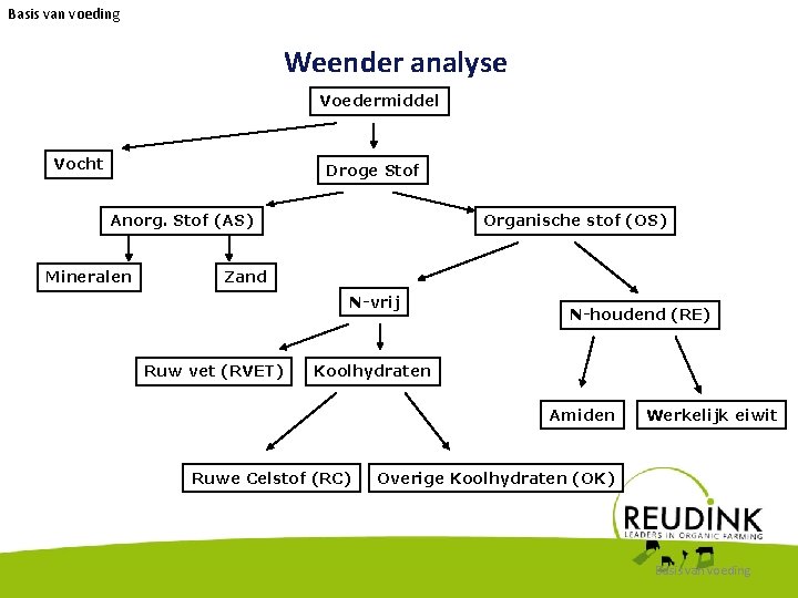 Basis van voeding Weender analyse Voedermiddel Vocht Droge Stof Anorg. Stof (AS) Mineralen Organische