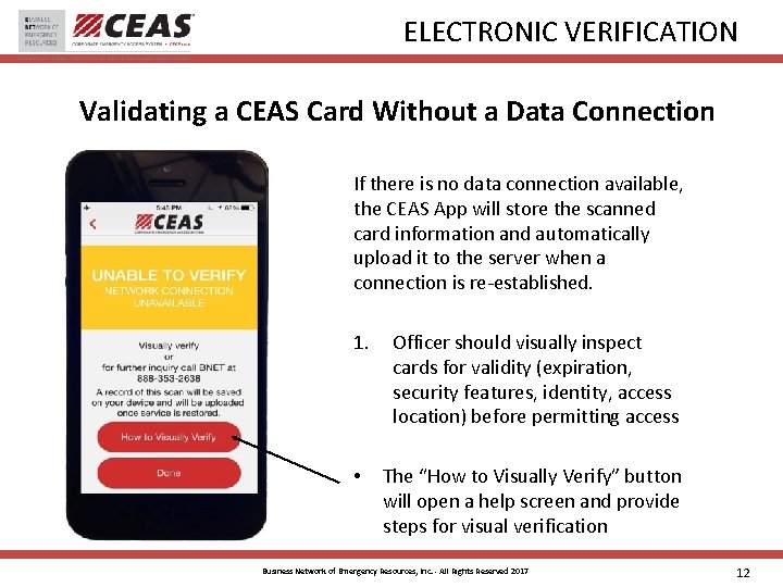 ELECTRONIC VERIFICATION Validating a CEAS Card Without a Data Connection If there is no