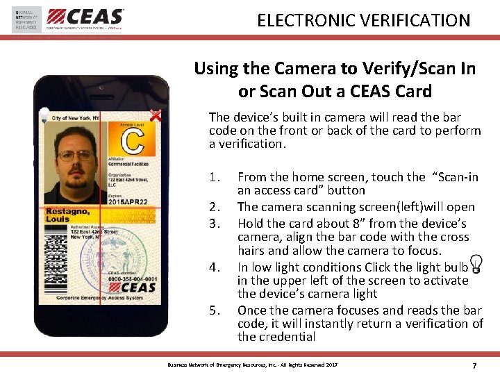 ELECTRONIC VERIFICATION Using the Camera to Verify/Scan In or Scan Out a CEAS Card