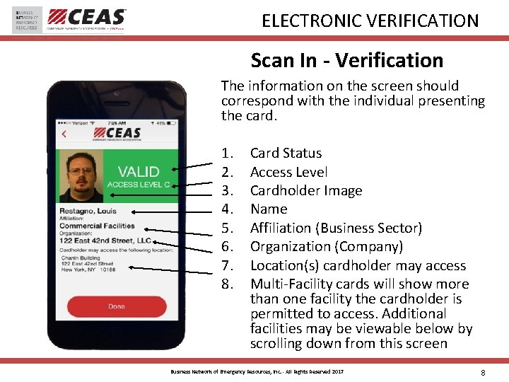 ELECTRONIC VERIFICATION Scan In - Verification The information on the screen should correspond with