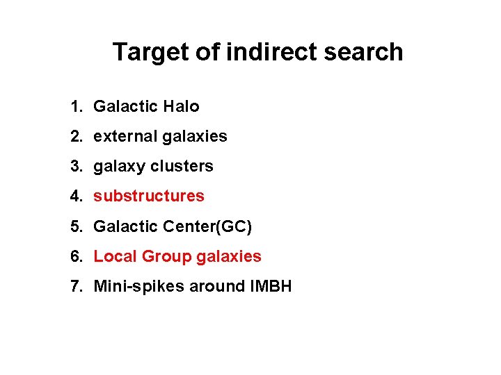 Target of indirect search 1. Galactic Halo 2. external galaxies 3. galaxy clusters 4.