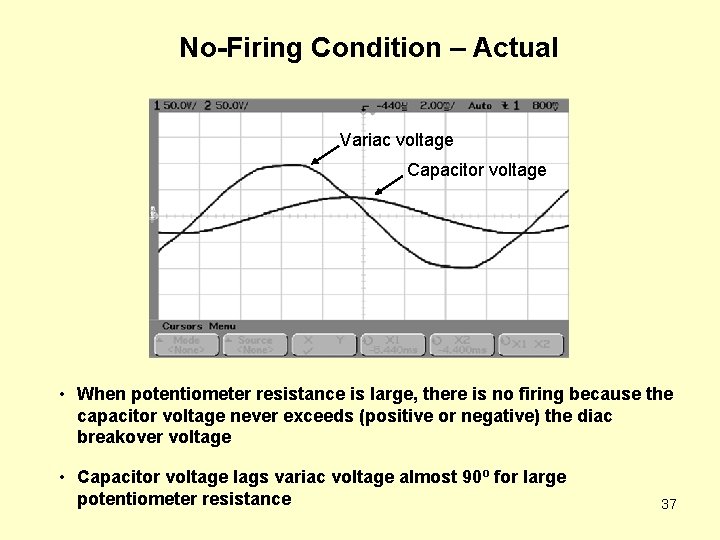 No-Firing Condition – Actual Variac voltage Capacitor voltage • When potentiometer resistance is large,