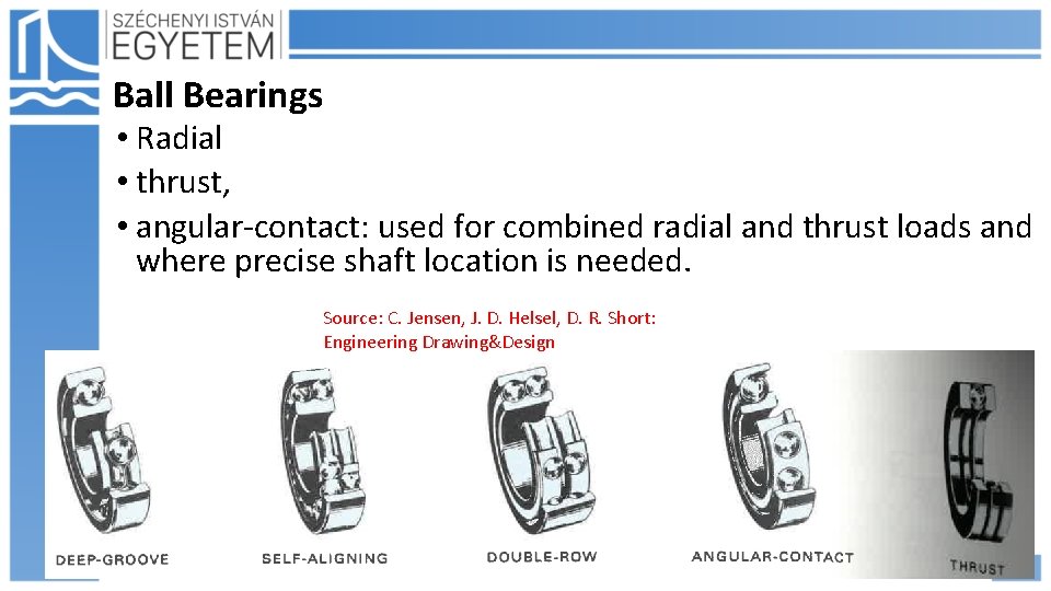 Ball Bearings • Radial • thrust, • angular-contact: used for combined radial and thrust