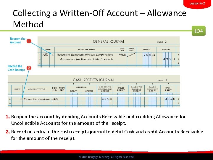Lesson 6 -2 Collecting a Written-Off Account – Allowance Method LO 4 1. Reopen