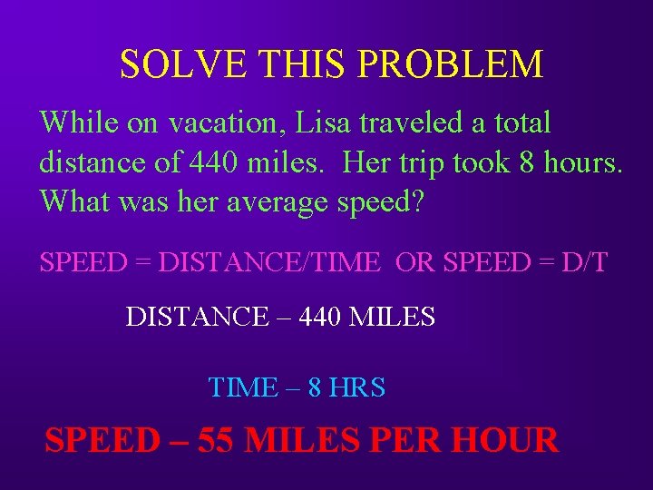 SOLVE THIS PROBLEM While on vacation, Lisa traveled a total distance of 440 miles.