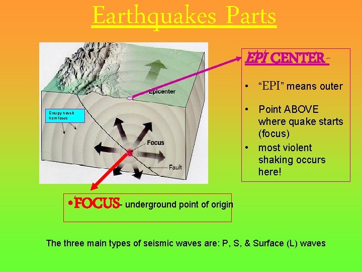 Earthquakes Parts EPI CENTER • “ Energy travels from focus EPI” means outer •