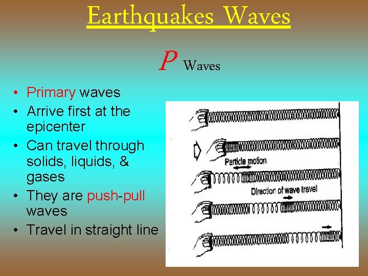 Earthquakes Waves P Waves • Primary waves • Arrive first at the epicenter •