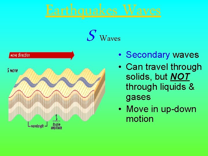 Earthquakes Waves S Waves • Secondary waves • Can travel through solids, but NOT