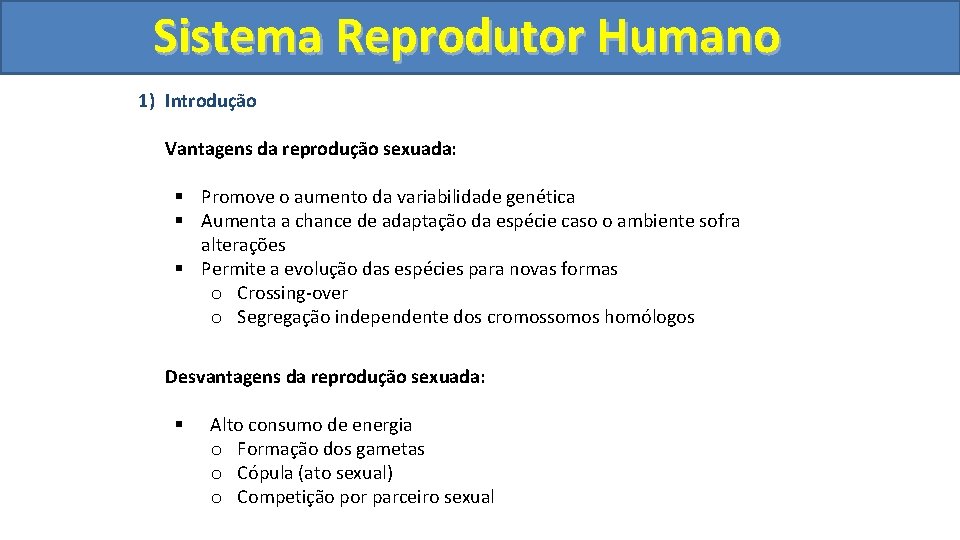 Sistema. Reprodutor. Humano 1) Introdução Vantagens da reprodução sexuada: § Promove o aumento da