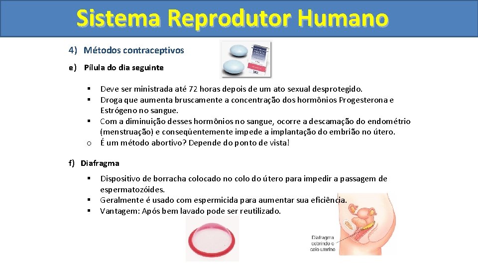 Sistema. Reprodutor. Humano 4) Métodos contraceptivos e) Pílula do dia seguinte Deve ser ministrada