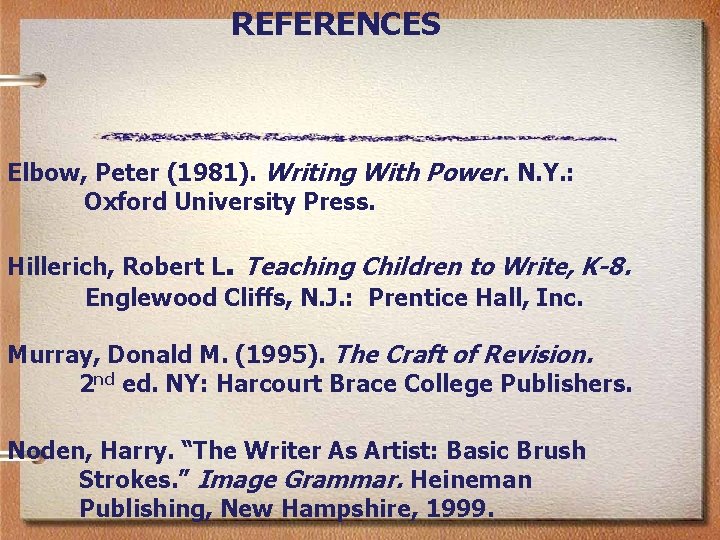 REFERENCES Elbow, Peter (1981). Writing With Power. N. Y. : Oxford University Press. Hillerich,