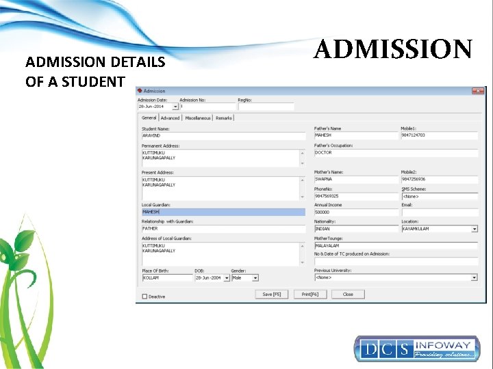 ADMISSION DETAILS OF A STUDENT ADMISSION 
