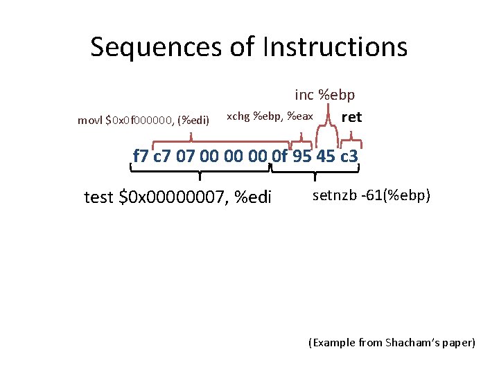 Sequences of Instructions movl $0 x 0 f 000000, (%edi) inc %ebp xchg %ebp,