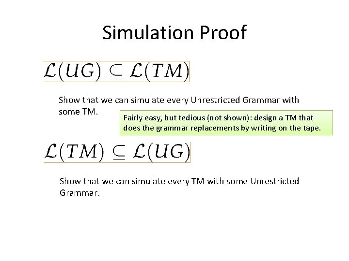 Simulation Proof Show that we can simulate every Unrestricted Grammar with some TM. Fairly