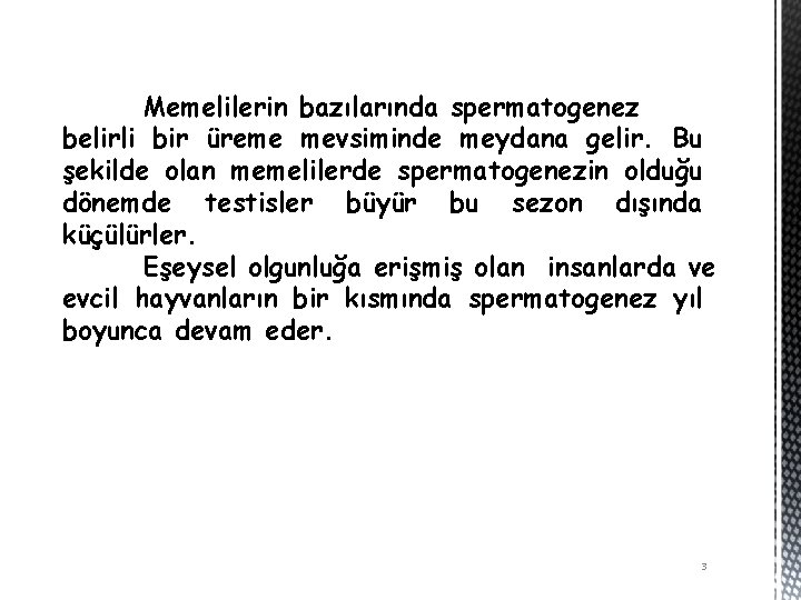 Memelilerin bazılarında spermatogenez belirli bir üreme mevsiminde meydana gelir. Bu şekilde olan memelilerde spermatogenezin