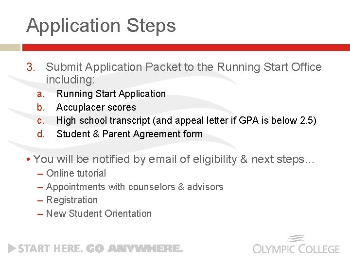 Application Steps 3. Submit Application Packet to the Running Start Office including: a. b.