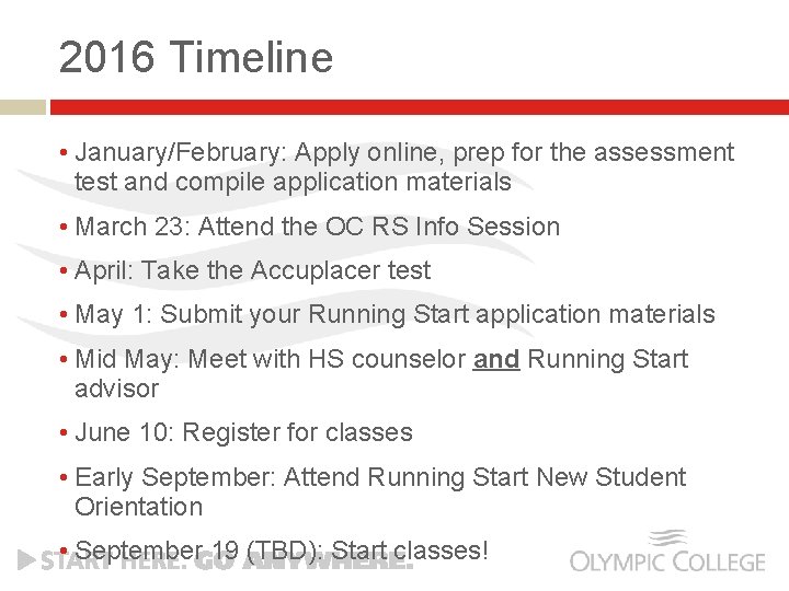 2016 Timeline • January/February: Apply online, prep for the assessment test and compile application