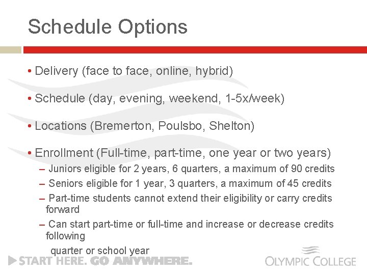Schedule Options • Delivery (face to face, online, hybrid) • Schedule (day, evening, weekend,