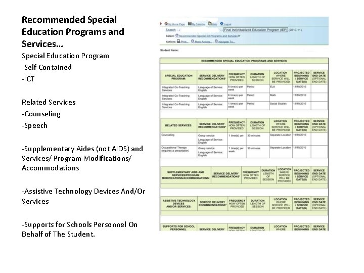 Recommended Special Education Programs and Services… Special Education Program -Self Contained -ICT Related Services