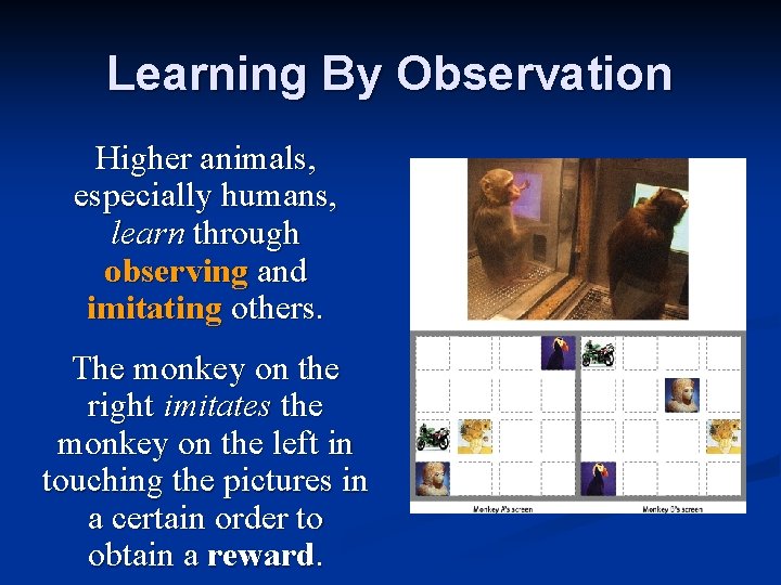 Learning By Observation Higher animals, especially humans, learn through observing and imitating others. The Learning By Observation Higher animals, especially humans, learn through observing and imitating others. The