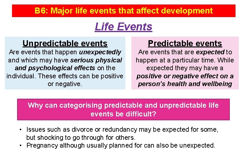 B 6: Major life events that affect development Life Events Unpredictable events Predictable events