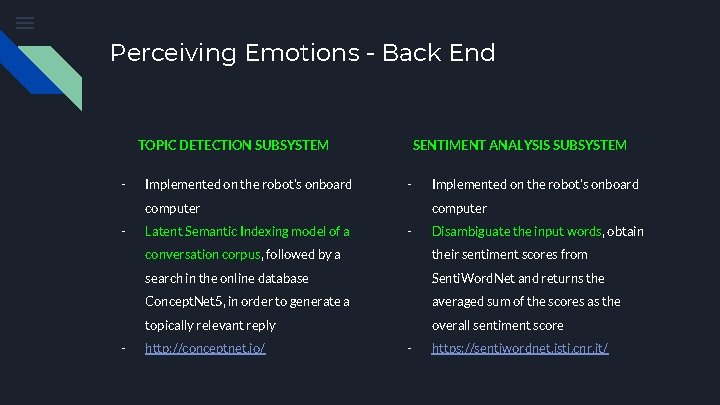 Perceiving Emotions - Back End TOPIC DETECTION SUBSYSTEM - Implemented on the robot’s onboard