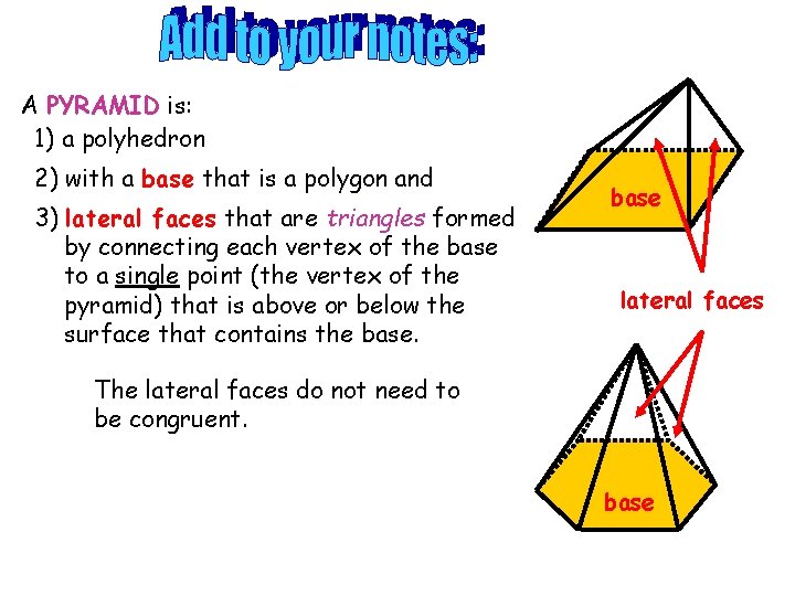 A PYRAMID is: 1) a polyhedron 2) with a base that is a polygon A PYRAMID is: 1) a polyhedron 2) with a base that is a polygon