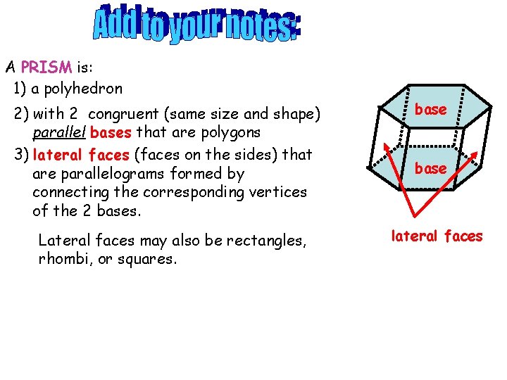 A PRISM is: 1) a polyhedron 2) with 2 congruent (same size and shape) A PRISM is: 1) a polyhedron 2) with 2 congruent (same size and shape)