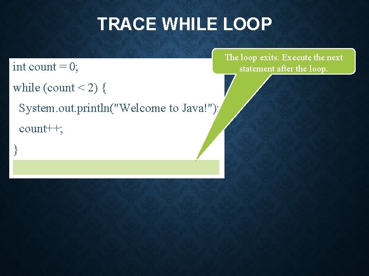 TRACE WHILE LOOP int count = 0; while (count < 2) { System. out.