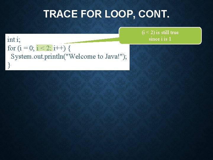 TRACE FOR LOOP, CONT. int i; for (i = 0; i < 2; i++)