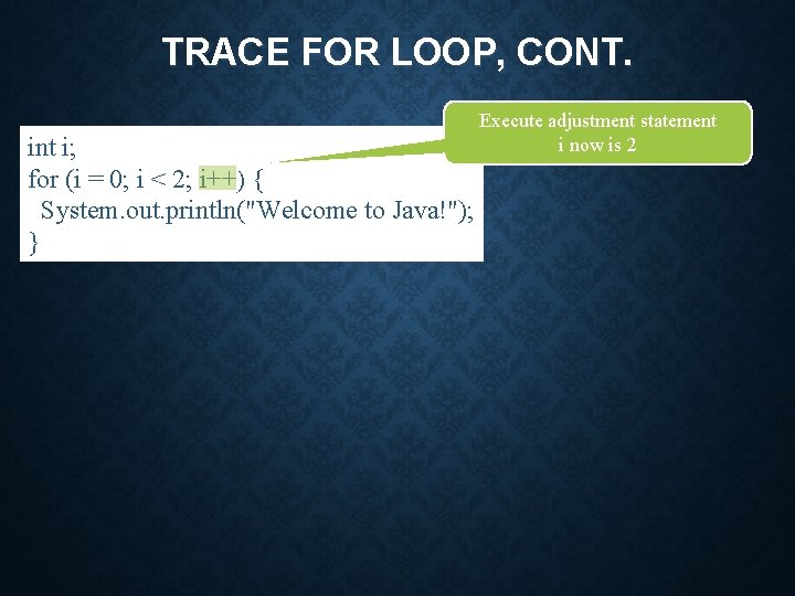TRACE FOR LOOP, CONT. int i; for (i = 0; i < 2; i++)