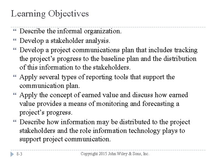 Learning Objectives Describe the informal organization. Develop a stakeholder analysis. Develop a project communications