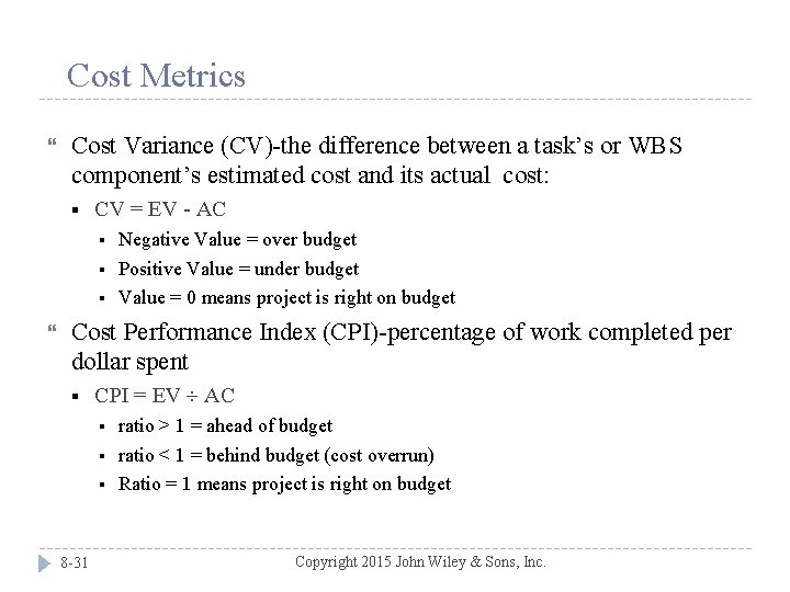 Cost Metrics Cost Variance (CV)-the difference between a task’s or WBS component’s estimated cost