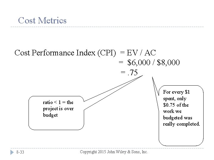 Cost Metrics Cost Performance Index (CPI) = EV / AC = $6, 000 /