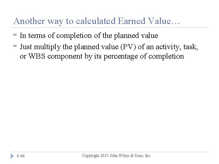 Another way to calculated Earned Value… In terms of completion of the planned value