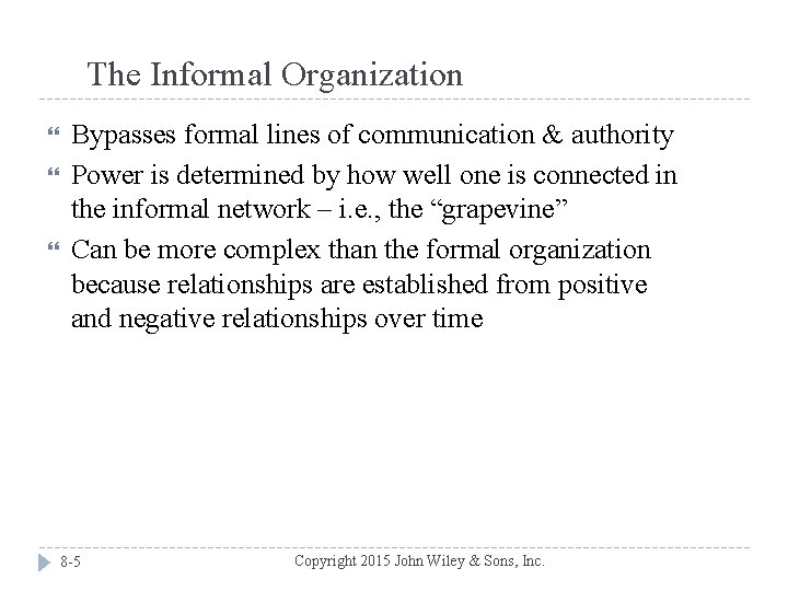 The Informal Organization Bypasses formal lines of communication & authority Power is determined by