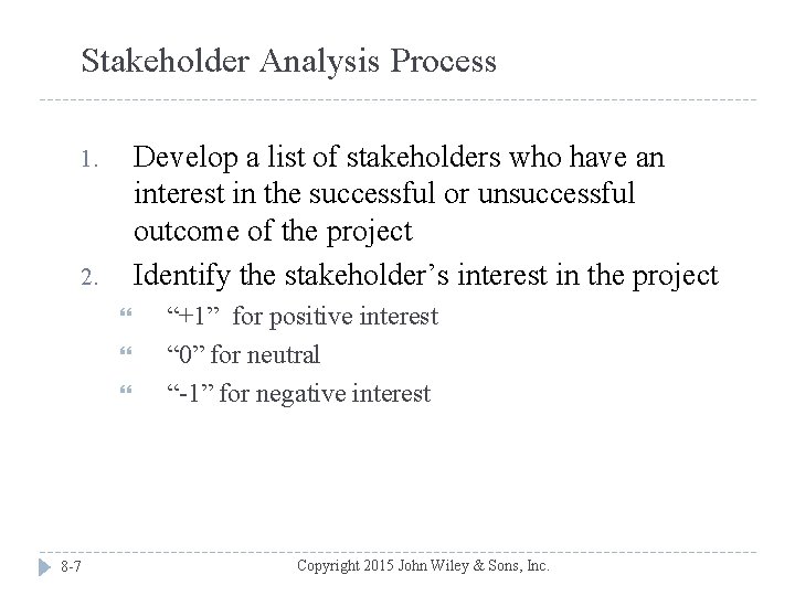 Stakeholder Analysis Process Develop a list of stakeholders who have an interest in the