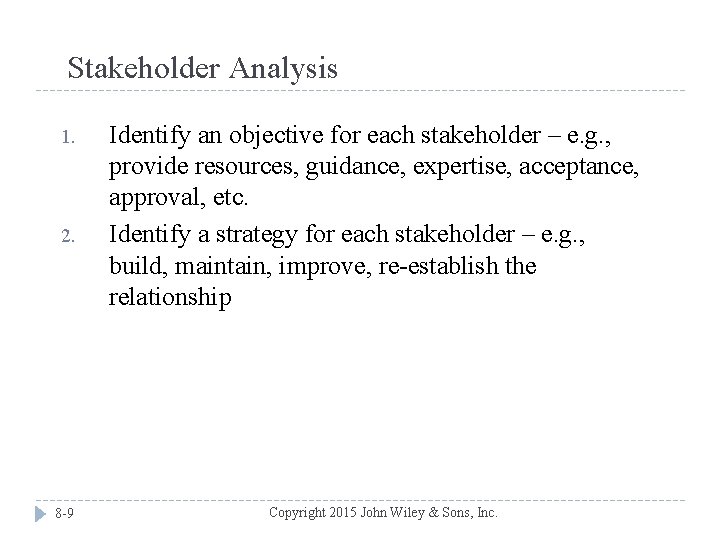 Stakeholder Analysis 1. 2. 8 -9 Identify an objective for each stakeholder – e.