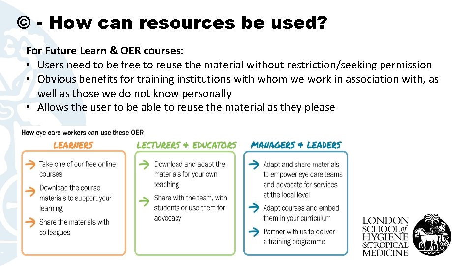 © - How can resources be used? For Future Learn & OER courses: •