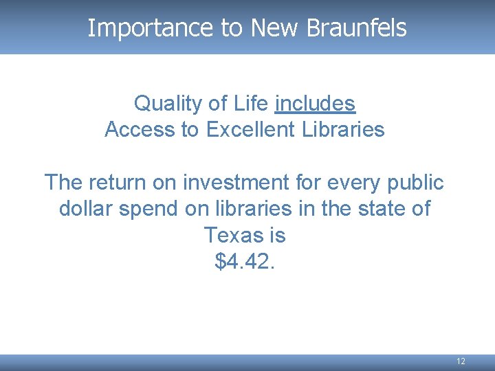 Importance to New Braunfels Quality of Life includes Access to Excellent Libraries The return