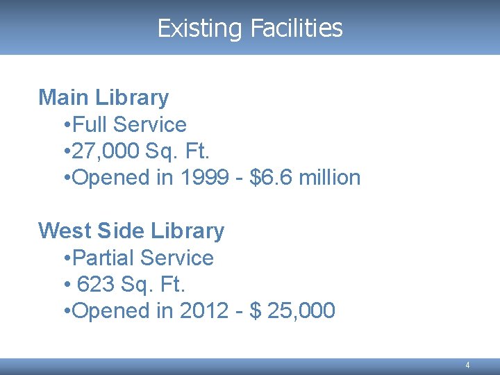 Existing Facilities Main Library • Full Service • 27, 000 Sq. Ft. • Opened