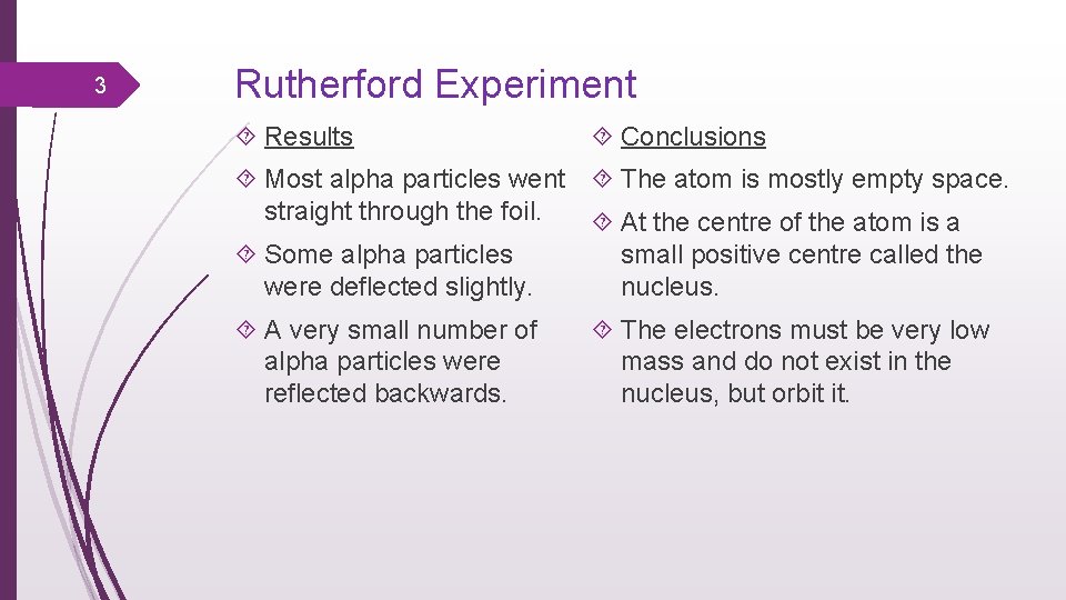 3 Rutherford Experiment Results Conclusions Most alpha particles went The atom is mostly empty