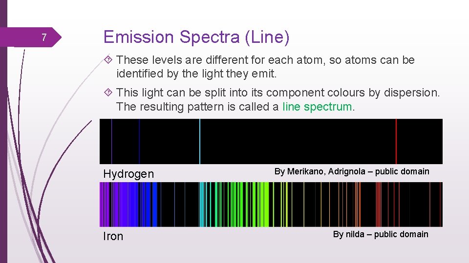 7 Emission Spectra (Line) These levels are different for each atom, so atoms can