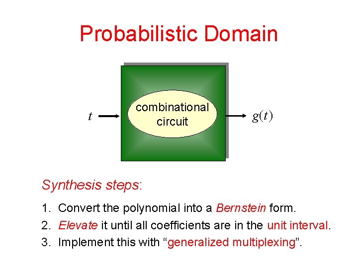 Probabilistic Domain t combinational circuit g(t ) Synthesis steps: 1. Convert the polynomial into