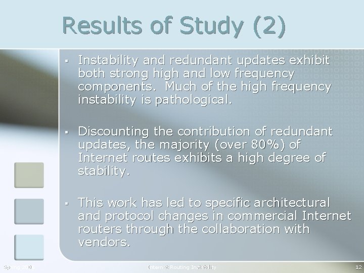 Results of Study (2) Spring 2006 § Instability and redundant updates exhibit both strong